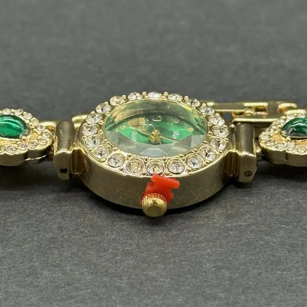 Gold Tone Clover Watch Bracelet Set 2 Pc Faux Emerald Jade Green Rhinestone NEW